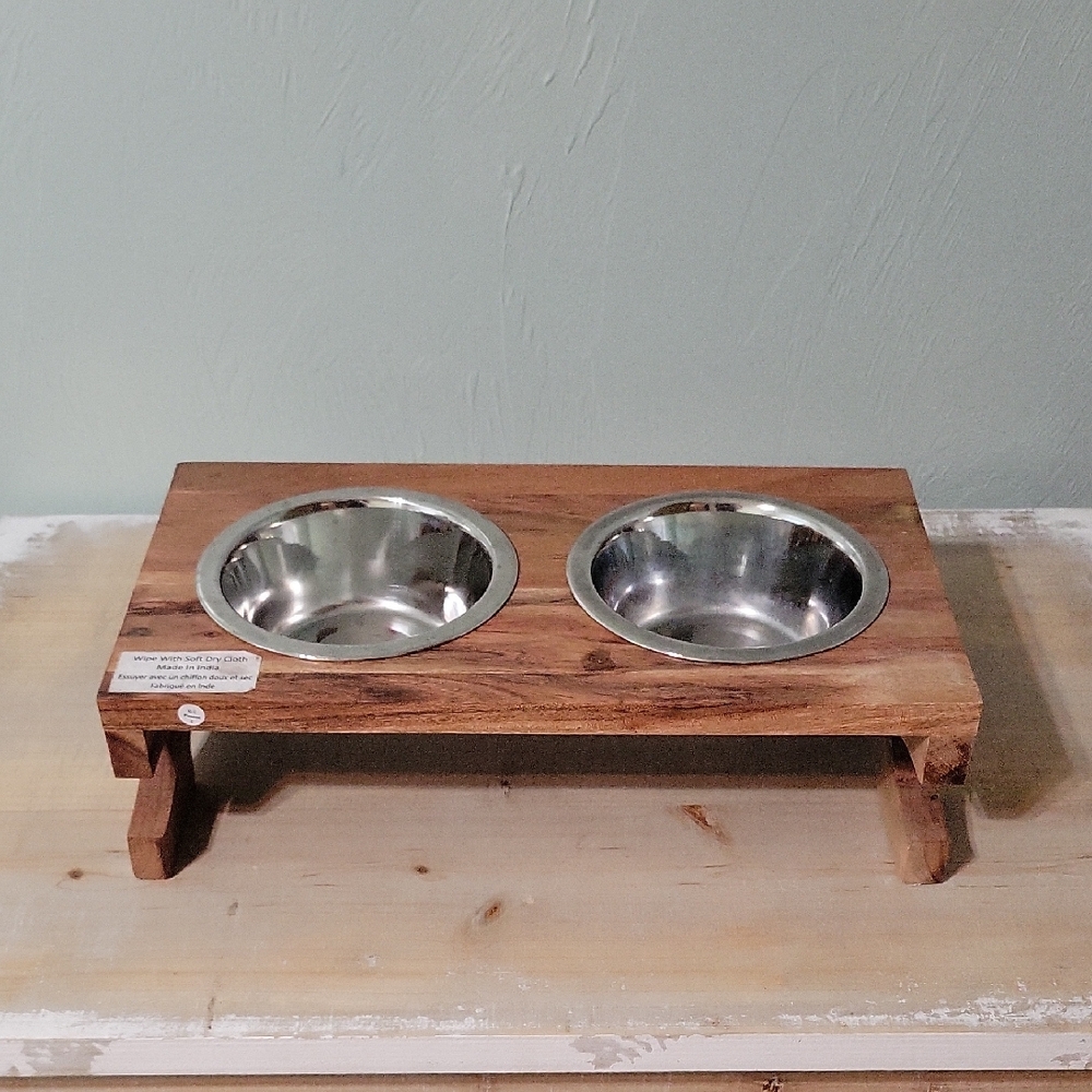 Small Wooden Elevated Pet Feeder with Stainless Steel Bowls